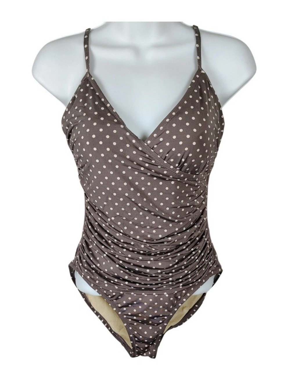Garnet Hill Taupe Polka Dot Ruched Wrap One Piece Swimsuit Womens 8 modest